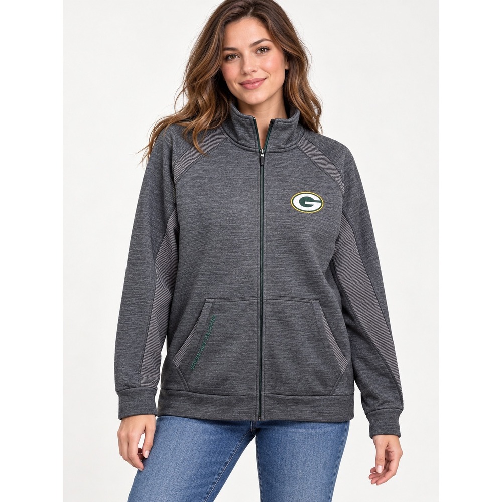 NFL Green Bay Packers Womens XL Full Zip Fleece Jacket Gray Heather Mock Neck